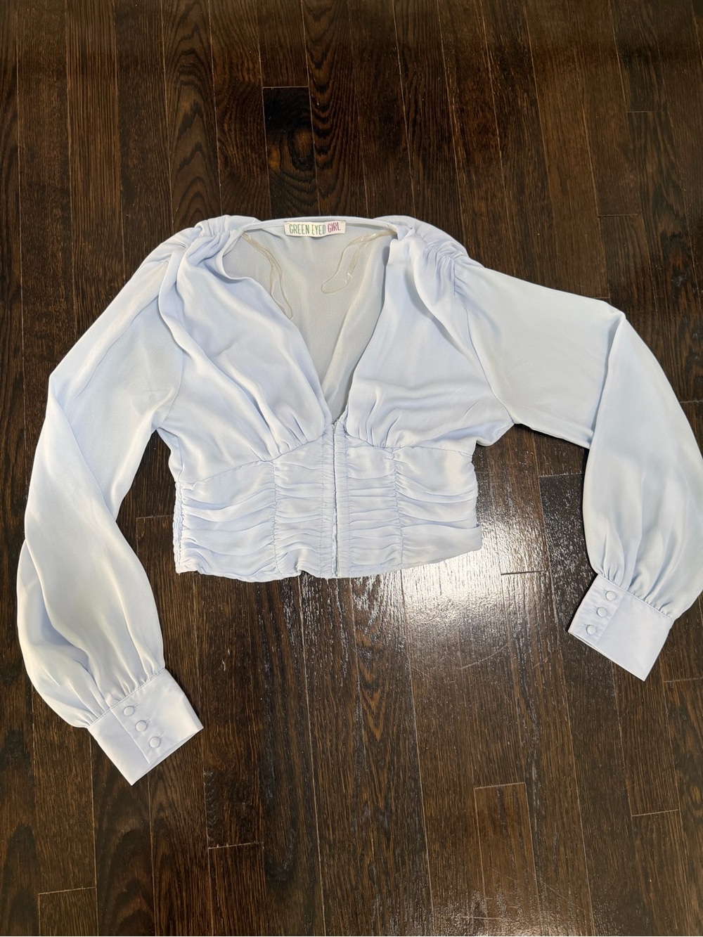 Green eyed girl Light Blue Ruched V-Neck Long Sleeve Top